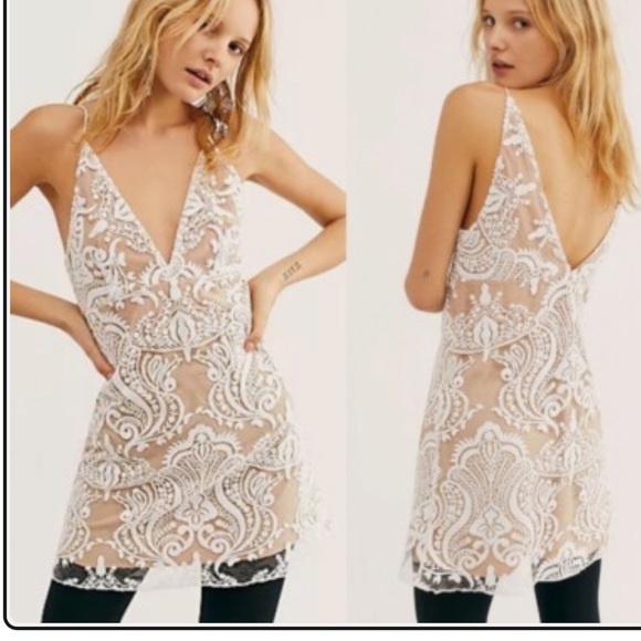Free People Women's Night Shimmers Lace Sequined Mini Dress in ivory size 2. - Picture 6 of 10